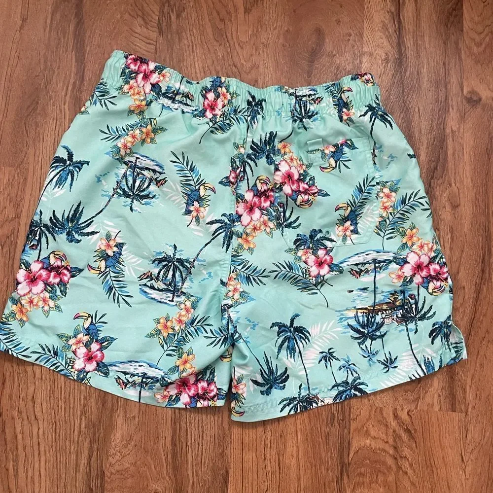 George Mens aqua Hawaiian floral swim trunks‎